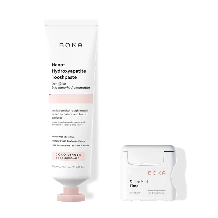 Boka Nano Hydroxyapatite Toothpaste and Cina Mint Floss on a white background