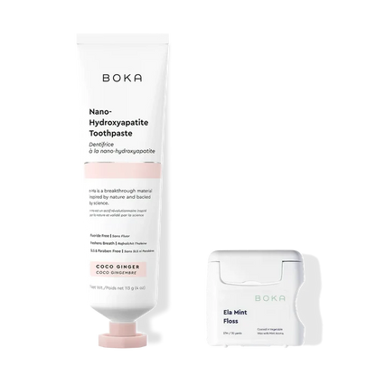 Boka Nano Hydroxyapatite Toothpaste and Ela Mint Floss on a white background