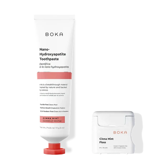 Boka Nano-Hydroxyapatite Toothpaste and Floss on a white background