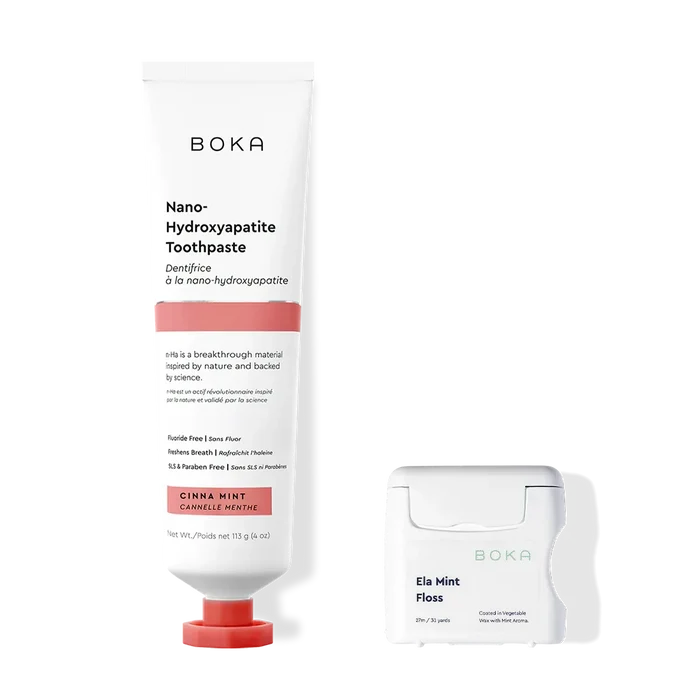 Boka Nano-Hydroxyapatite Toothpaste and Floss on a white background