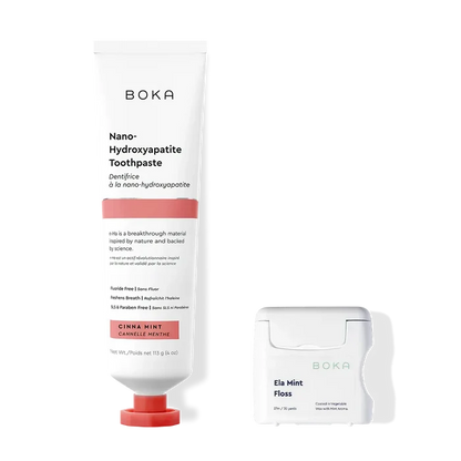 Boka Nano-Hydroxyapatite Toothpaste and Floss on a white background