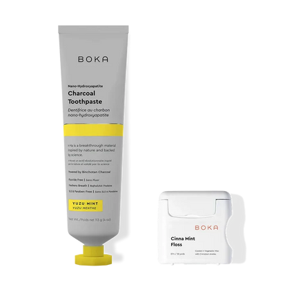 Boka Charcoal Toothpaste and Floss on a white background
