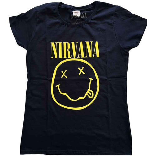 NIRVANA - YELLOW HAPPY FACE - Ladies T-Shirt Blue