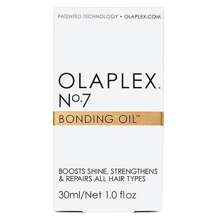 Olaplex No.7 Bonding Oil 30ml for hair repair and shine, in a clear bottle with a dropper applicator, from Olaplex hair care line.