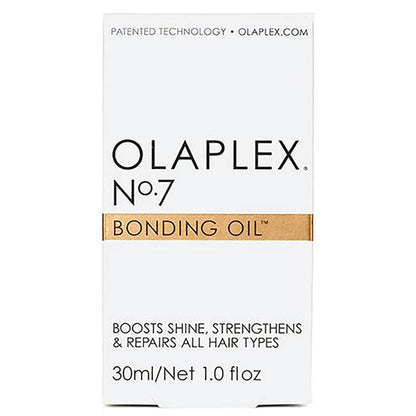 Olaplex No.7 Bonding Oil 30ml for hair repair and shine, in a clear bottle with a dropper applicator, from Olaplex hair care line.