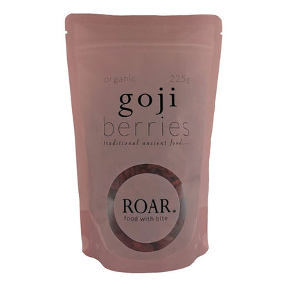 Package of goji berries by ROAR on a white background.