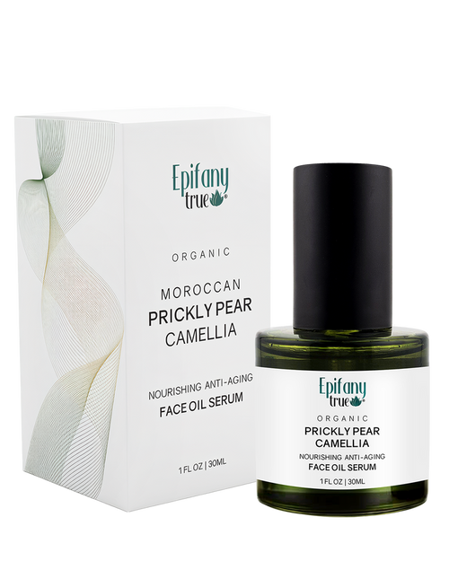 Epifany Organic Moroccan Prickly Pear Camellia face oil serum with packaging on a white background