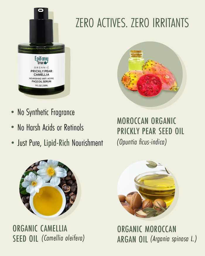 Botanical ingredients spotlight featuring 50% Moroccan Prickly Pear Seed Oil, Japanese Camellia, and Argan Oil for active-free, sensitive skin protection.