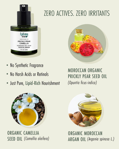 Botanical ingredients spotlight featuring 50% Moroccan Prickly Pear Seed Oil, Japanese Camellia, and Argan Oil for active-free, sensitive skin protection.