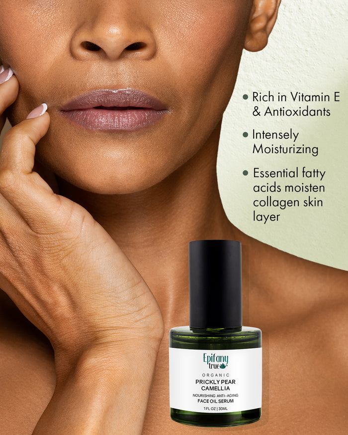 Woman applying Epifani Prickly Pear Serum to face with a bottle with green bottle next to her.
