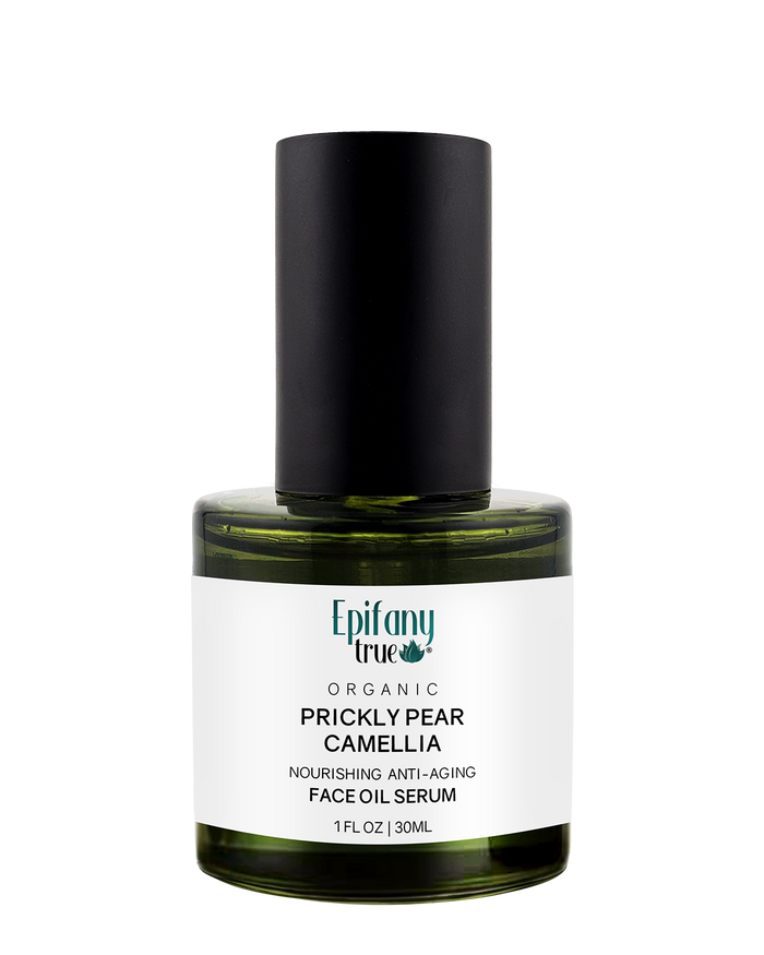 Epifany True Organic Prickly Pear and Camellia Face Oil Serum in a premium 1oz green glass bottle with a black treatment pump.