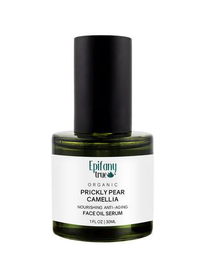 Epifany True Organic Prickly Pear and Camellia Face Oil Serum in a premium 1oz green glass bottle with a black treatment pump.