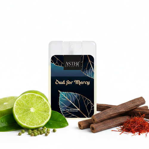 Oud For Mercy 20ml pocket perfume bottle with gold cap and dark label.