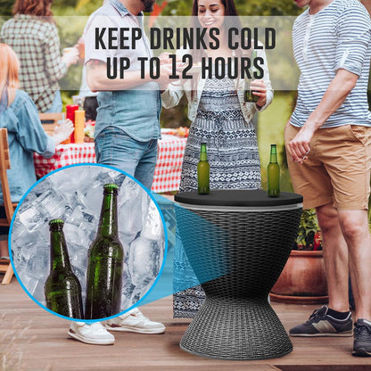 Outdoor Cool Bar Table, Keeps Drinks Cold 12 Hrs, Rattan Style, Black