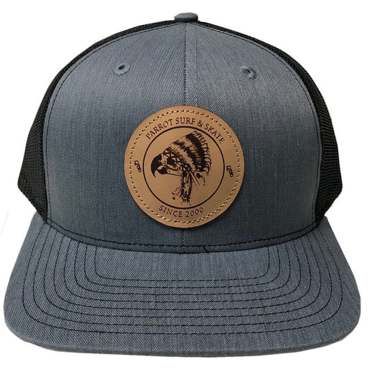 Parrot Indian Trucker 112 cap, tan and grey adjustable snapback hat