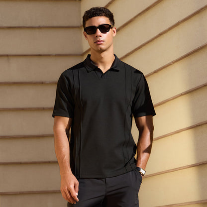 Pintuck Open Collar Polo | Black