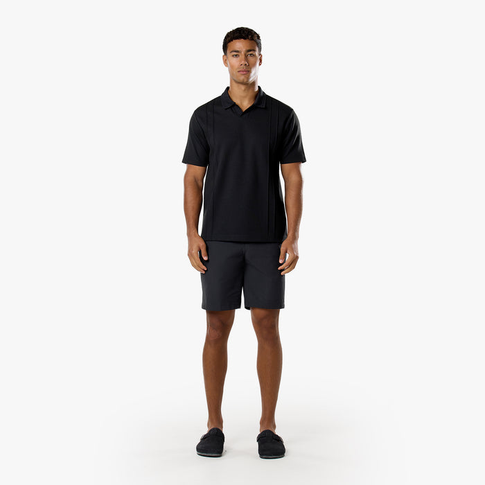 Pintuck Open Collar Polo | Black