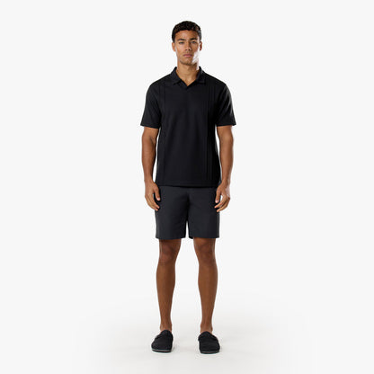 Pintuck Open Collar Polo | Black