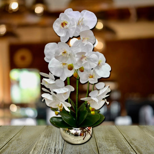 Plant Pot Large White Artificial Orchid Flower Silver Plant Pot Floral Real Look Plant Real Touch White Flower Ceramic Planter