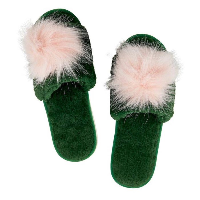 Plush Slippers - Green + Blush Pom Pom