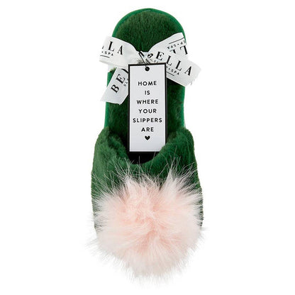 Plush Slippers - Green + Blush Pom Pom