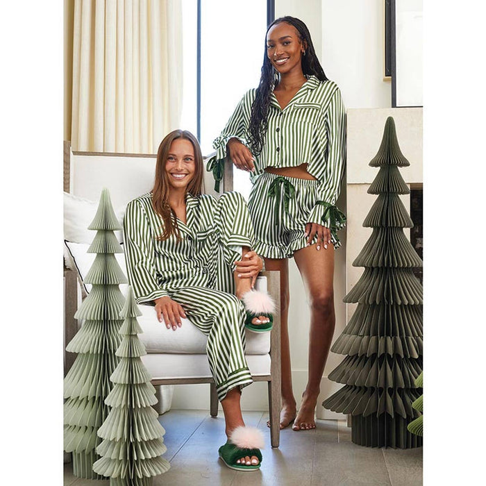 Plush Slippers - Green + Blush Pom Pom