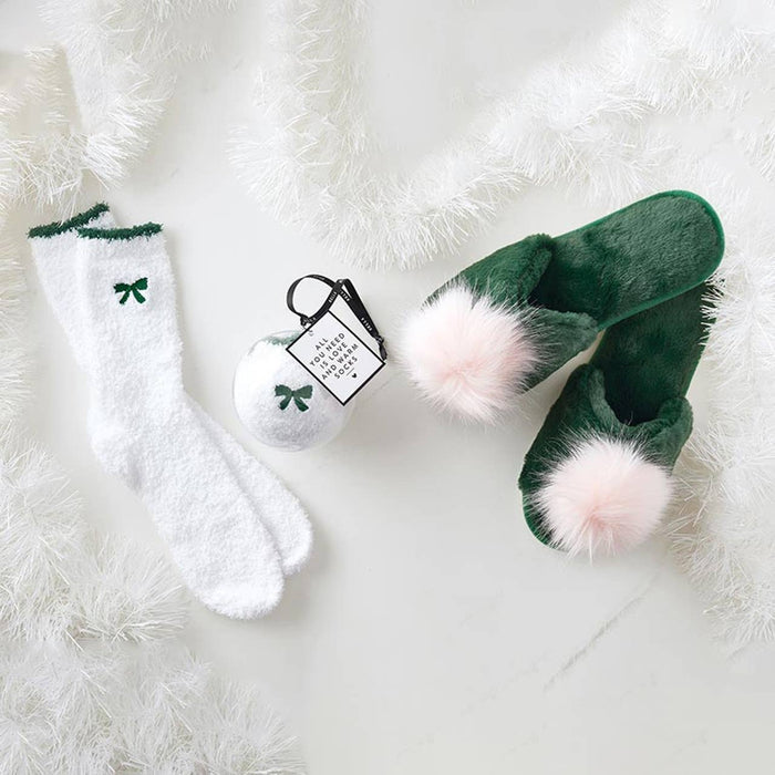 Plush Slippers - Green + Blush Pom Pom