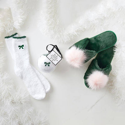 Plush Slippers - Green + Blush Pom Pom