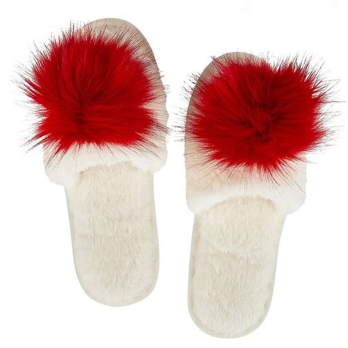 Plush Slippers - Ivory + Red Pom Pom