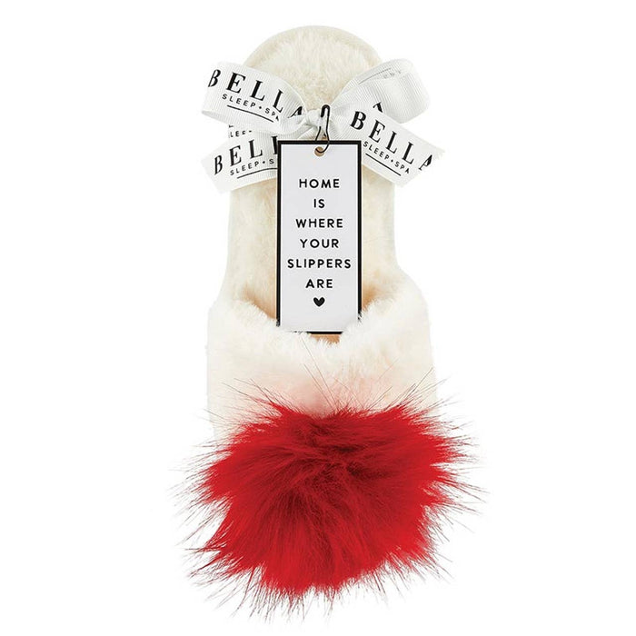 Plush Slippers - Ivory + Red Pom Pom