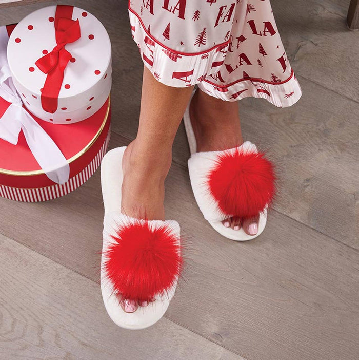 Plush Slippers - Ivory + Red Pom Pom
