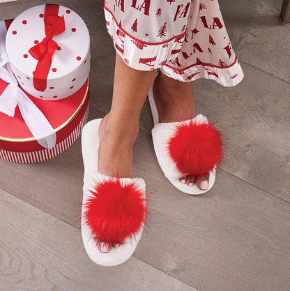Plush Slippers - Ivory + Red Pom Pom