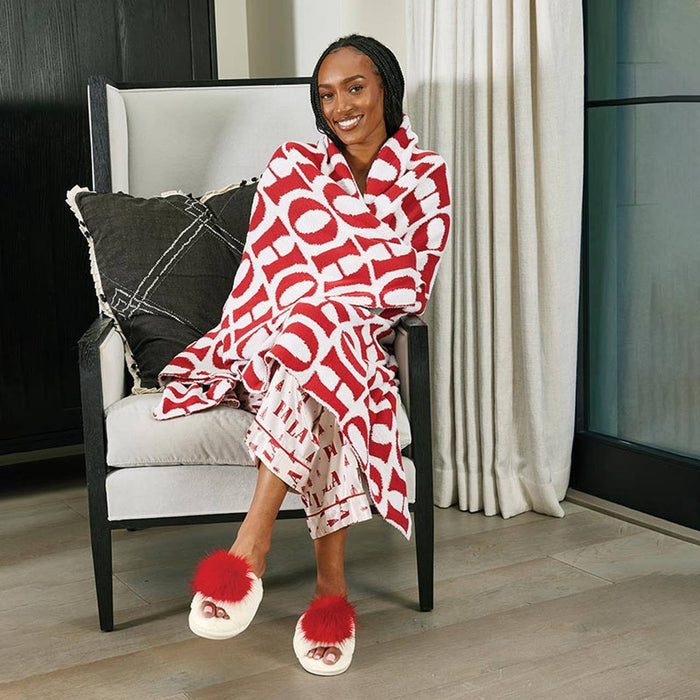 Plush Slippers - Ivory + Red Pom Pom