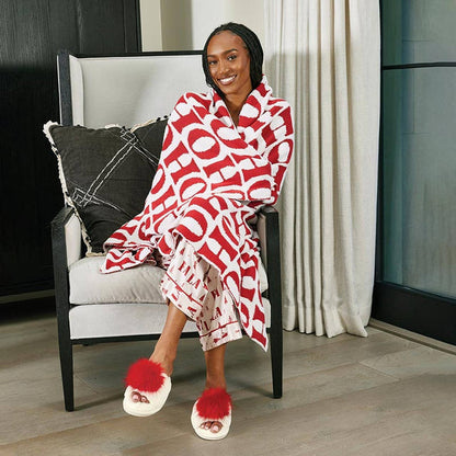Plush Slippers - Ivory + Red Pom Pom