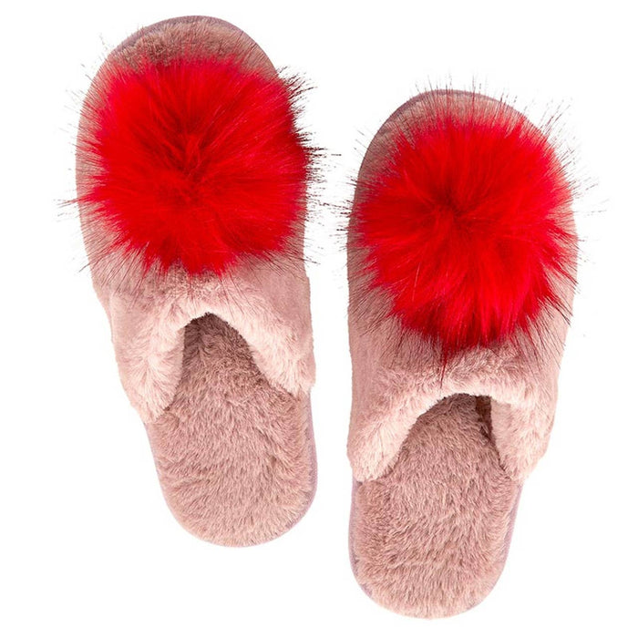 Plush Slippers Closed Toe - Blush + Red Pom Pom