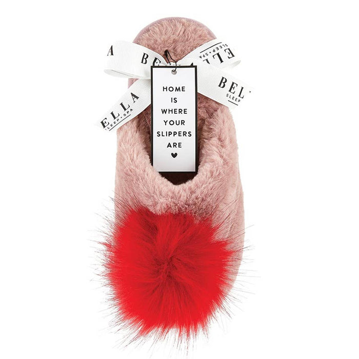 Plush Slippers Closed Toe - Blush + Red Pom Pom