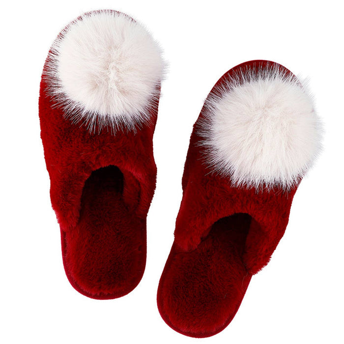 Plush Slippers Closed Toe - Burgundy + Beige Pom Pom