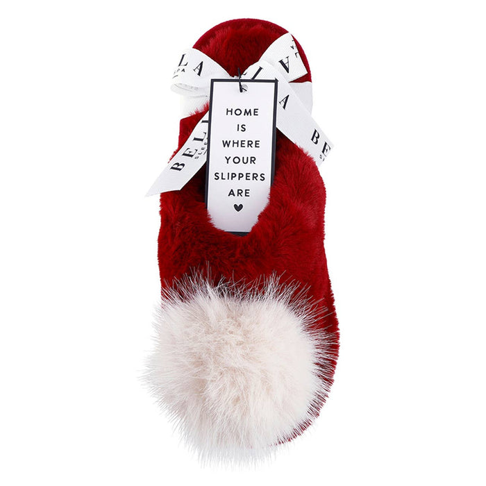 Plush Slippers Closed Toe - Burgundy + Beige Pom Pom