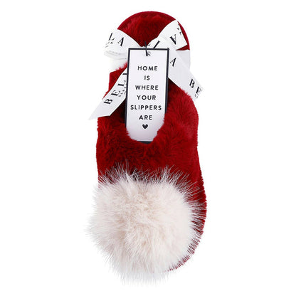 Plush Slippers Closed Toe - Burgundy + Beige Pom Pom