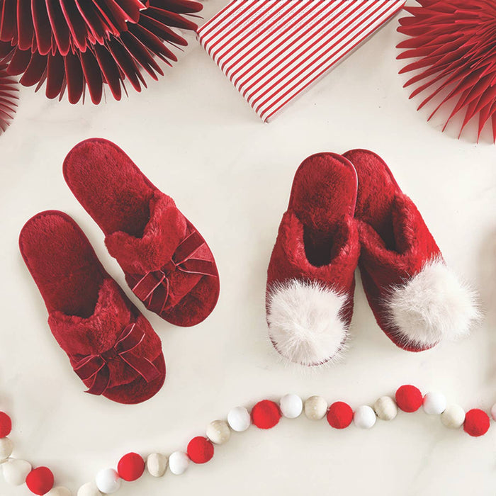 Plush Slippers Closed Toe - Burgundy + Beige Pom Pom