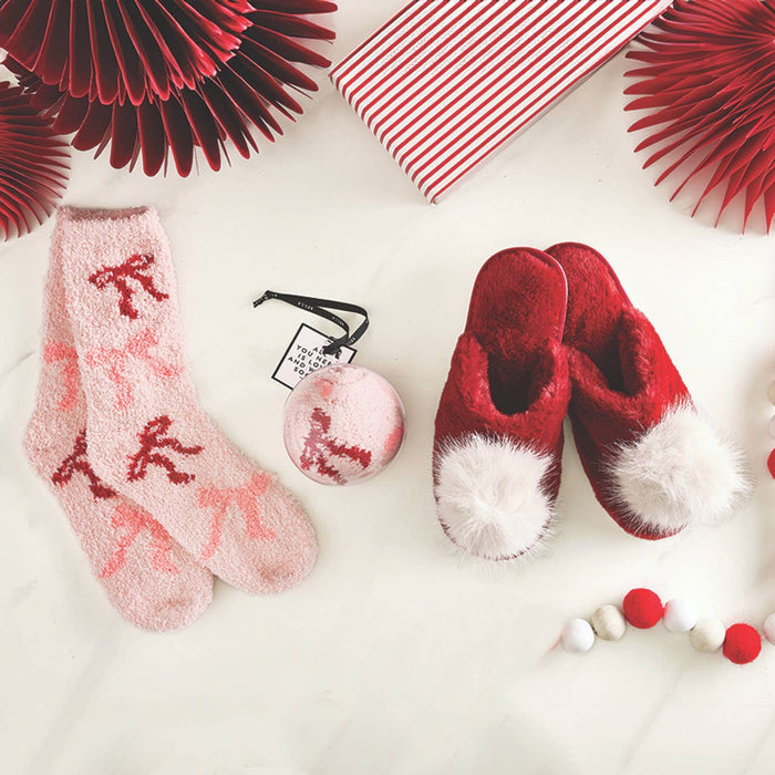Plush Slippers Closed Toe - Burgundy + Beige Pom Pom