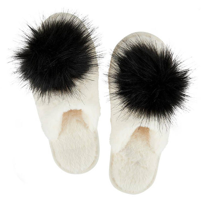 Plush Slippers Closed Toe - Ivory + Black Pom Pom