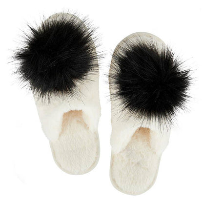 Plush Slippers Closed Toe - Ivory + Black Pom Pom