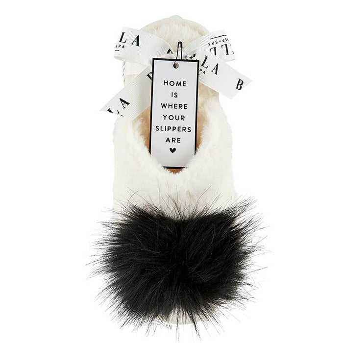 Plush Slippers Closed Toe - Ivory + Black Pom Pom
