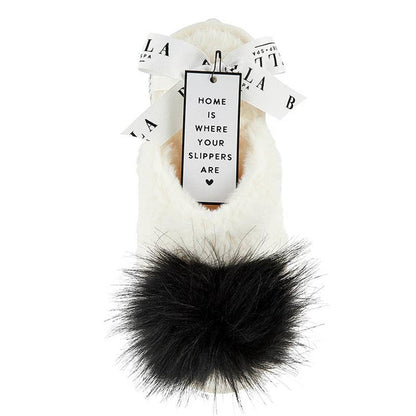 Plush Slippers Closed Toe - Ivory + Black Pom Pom