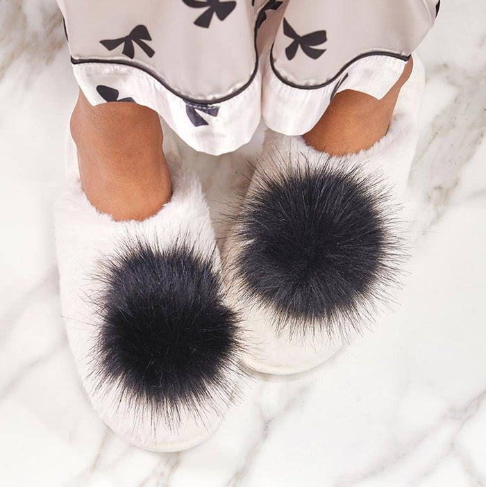 Plush Slippers Closed Toe - Ivory + Black Pom Pom