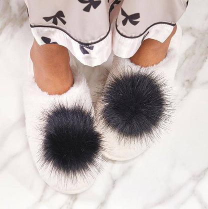 Plush Slippers Closed Toe - Ivory + Black Pom Pom