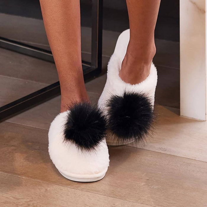 Plush Slippers Closed Toe - Ivory + Black Pom Pom
