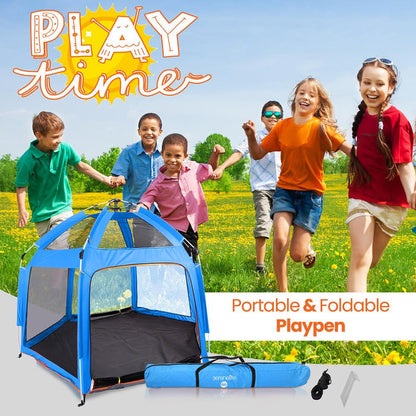 Portable And Foldable Playpen - Lightweight, Easily Collapsible, Play Yard Crib For Indoor & Outdoor Use, For Baby Or Toddler With 6 Panel Playpen Mattress (Blue)