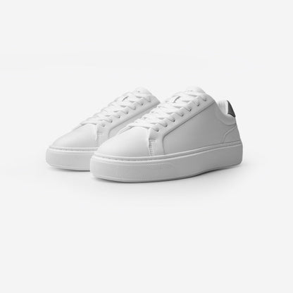 Three-quarter view of the Premium Classic Trainers in White/Grey, featuring clean white PU uppers, white lace-up fastening, grey faux suede heel panels and cushioned cup soles.